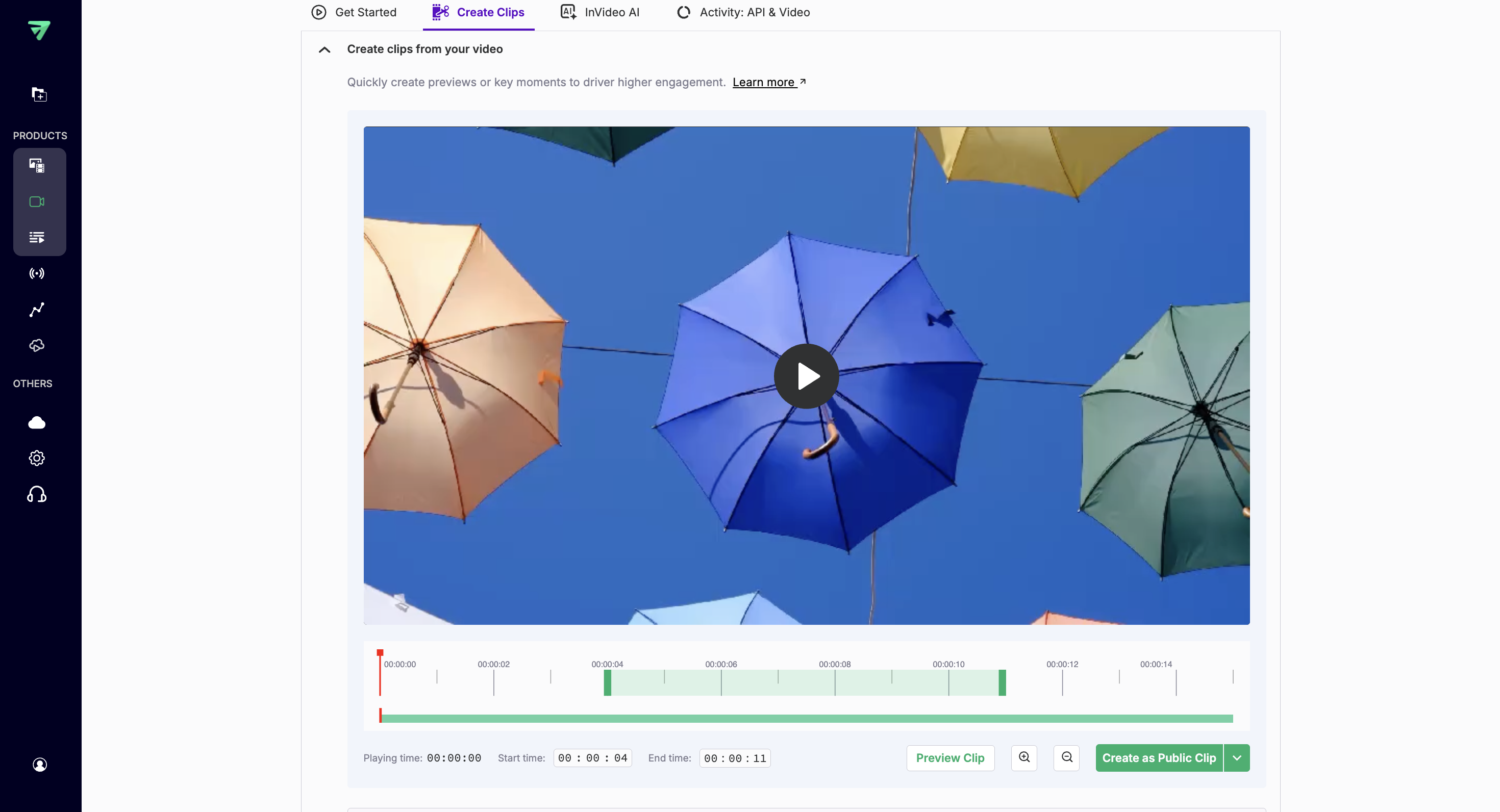 Fields for selecting clip start and end times in the clip creation modal 