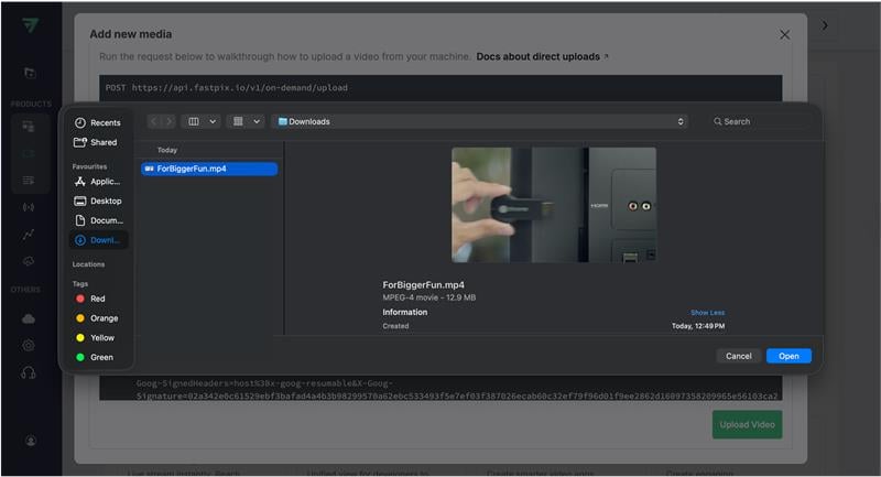 Using Google Drive link to upload` selected and the Open button visible.
